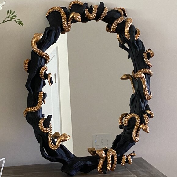 Halloween CHRISTIAN SIRIANO NEW YORK 25in Framed Mirror With Gold Snakes New - Picture 1 of 13
